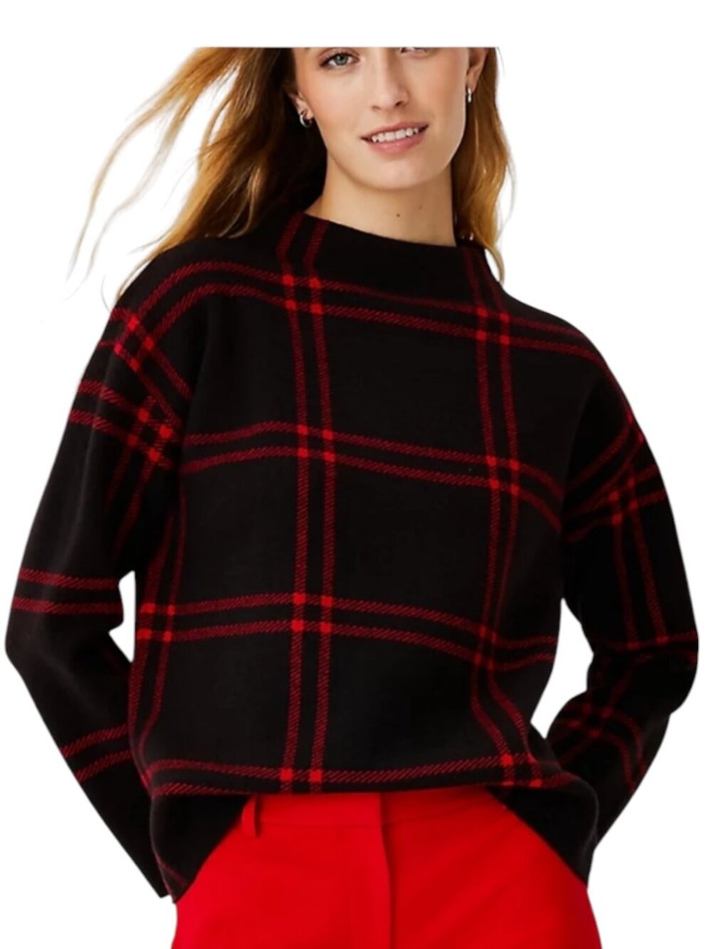 Ann Taylor Mockneck Sweater Knit Top Tartan Plaid Red Black Womens S